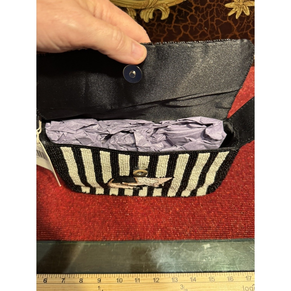 Sol & Mer French Bulldog Beaded Bag NWT Black White Striped Shoulder Purse Viral - Picture 5 of 11